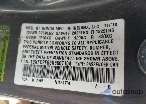 2019 Honda Civic Sport z USA, uszkodzony, nr VIN 19XFC2F86KE007104